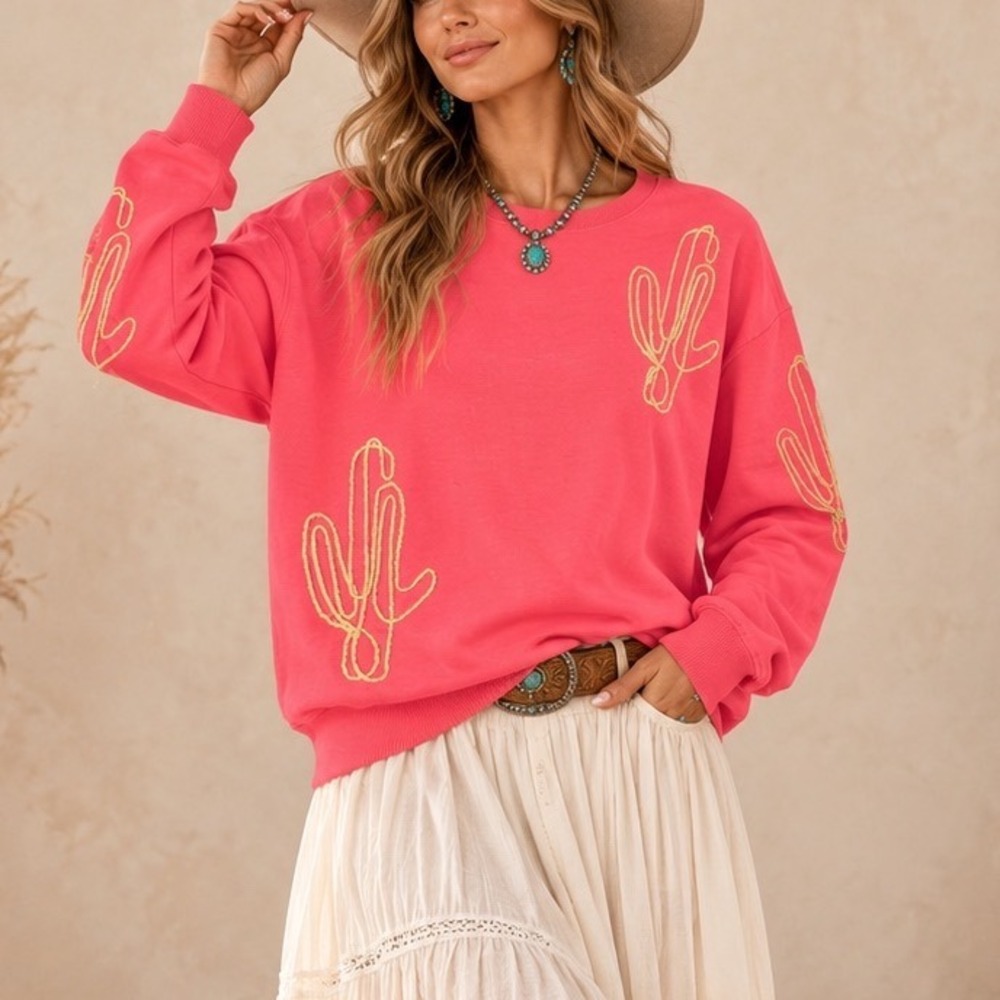 Merigold Kiss Pink Cactus Rope Embroidery Sweatshirt Western Boho Desert S g5